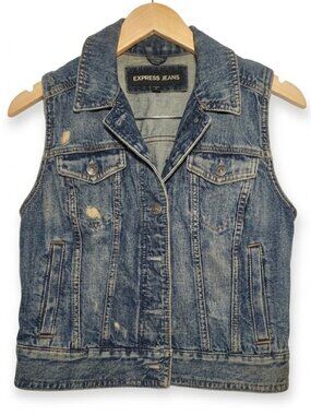Express Jeans Distressed Denim Vest - Medium Wash Vintage Style - Small